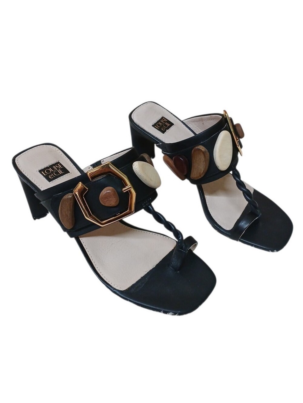 Louise et Cie Black Twist-Strap Block Heel Sandals with Mixed Accent Medallions